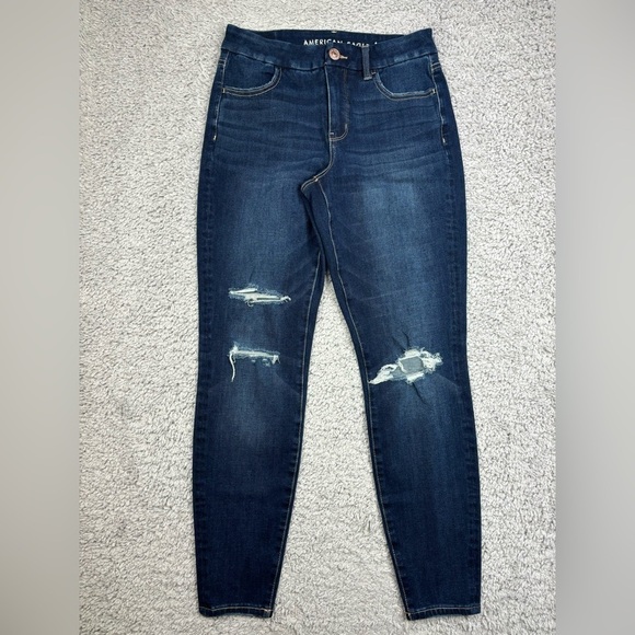 American Eagle Jeans Womens 4 Curvy Jegging The Dream Jean Dark Wash Distressed - Picture 1 of 6